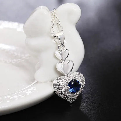 925 Sterling Silver Heart Blue Zircon Crystal Pendant Necklace Earrings for Women Party Wedding Jewelry Set