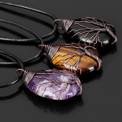 Vintage Natural Gemtone Crystal Amethyst Rose Quartz Tiger Eye Stone Water Drop Tree of Life Pendant Necklace for Women Men Jewelry