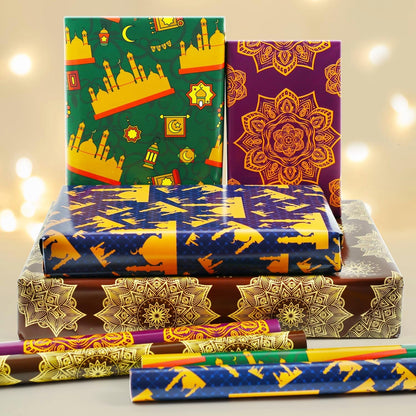 8 Sheets Eid Gift Wrapping Paper, 4 Designs Ramadan Wrapping Paper, Moon Mosque Eid Mubarak Folded Flat 20X28 Inches Gift Wrap for Kids Islam Ramadan Holiday Party Celebration Decorations