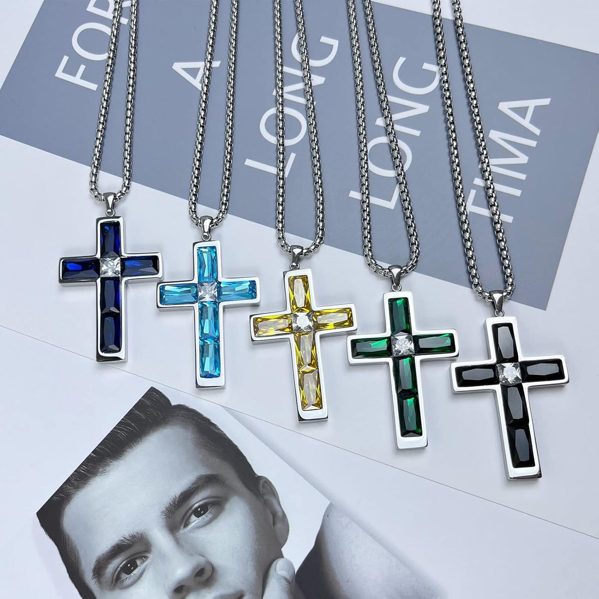 Birthstone Cross Necklace for Men, 316L Stainless Steel with Cubic Zirconia Cross Pendant Necklace for Women, 24Inch Chain Handmade Jewelry