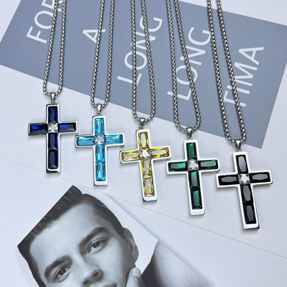 Birthstone Cross Necklace for Men, 316L Stainless Steel with Cubic Zirconia Cross Pendant Necklace for Women, 24Inch Chain Handmade Jewelry
