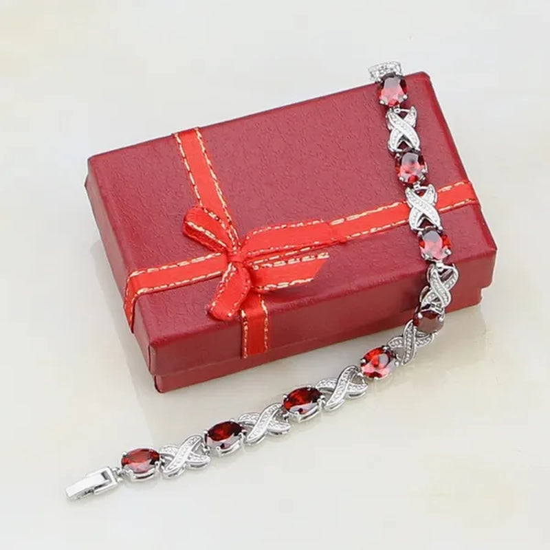 925 Sterling Silver Jewelry Oval Red Ruby White Topaz Chain&Link Bracelet Christmas Gifts For Women Wedding Free Gifts Box