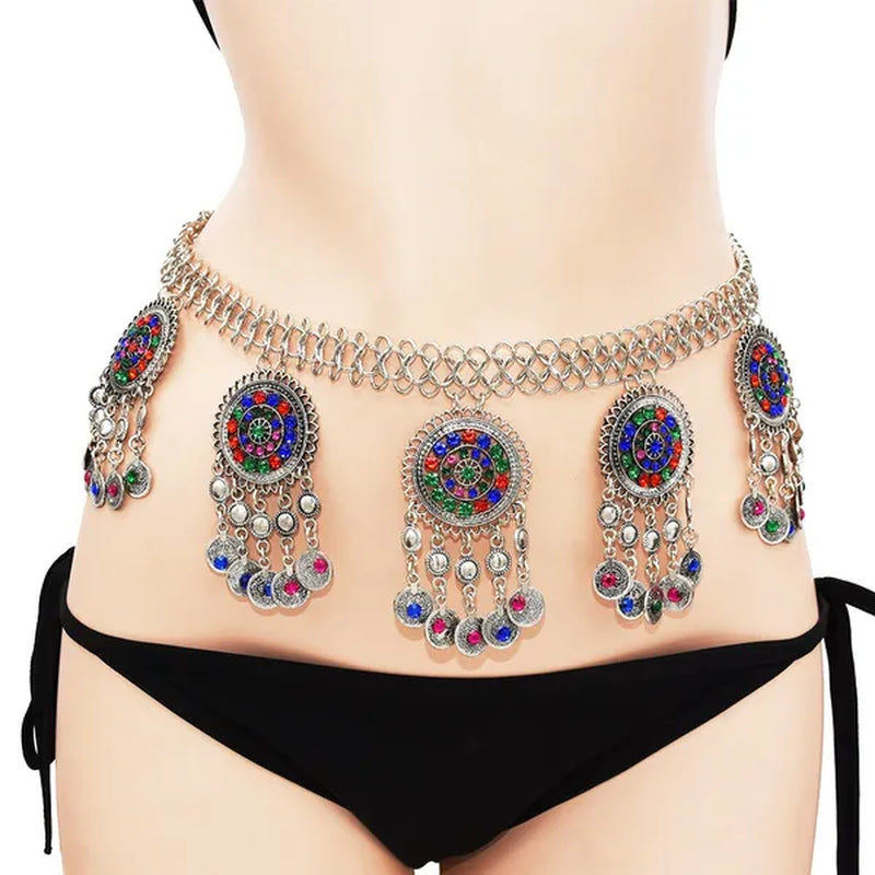 Bohemian Coin Tassel Color Rhinestones Hollow Out Waist Belly Body Chain for Woman