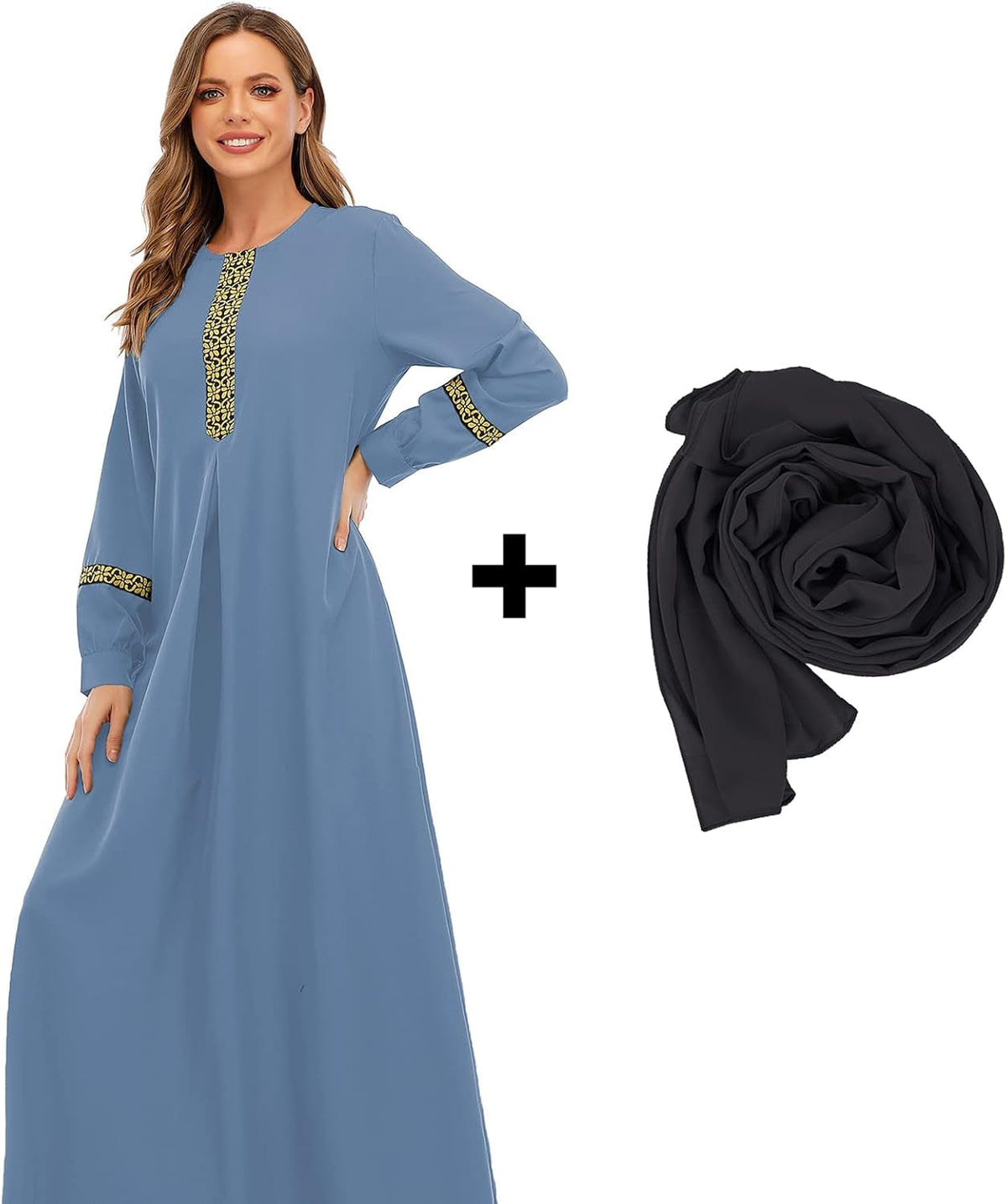 Womens Long Sleeve Ethnic Style Zipper Muslim Dresses Abaya with Hijabs