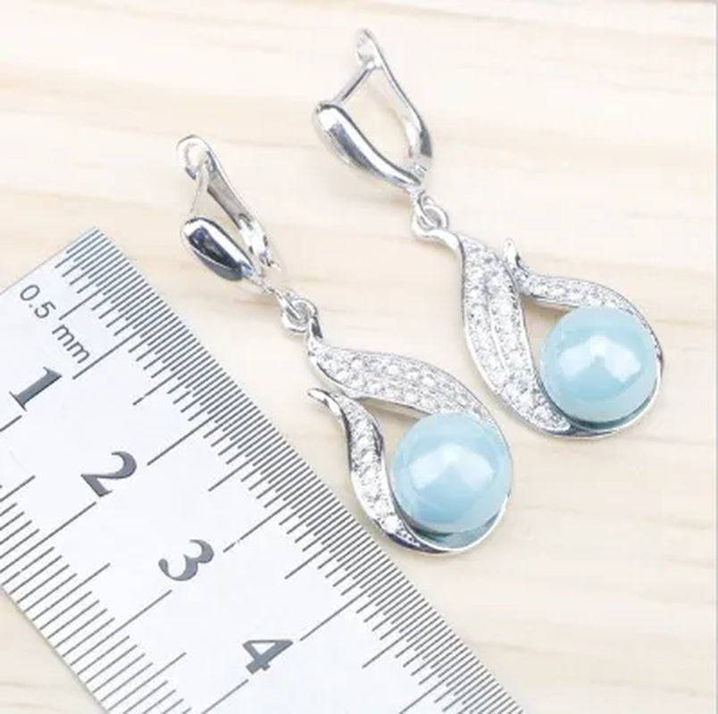Elegant Lady Ring Earrings Bracelet Necklace 925 Silver Jewelry Set Exquisite Wheat Ear Sky Blue Gem Pearl Party Jewelry Wedding Engagement Set Jewelry Anniversary Gift Ring Size 5-11