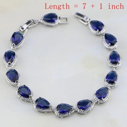 Trendy Water Drop Blue Sapphire White Topaz 925 Sterling Silver Jewelry Sets Women Wedding Earrings/Pendant/Necklace/Bracelet