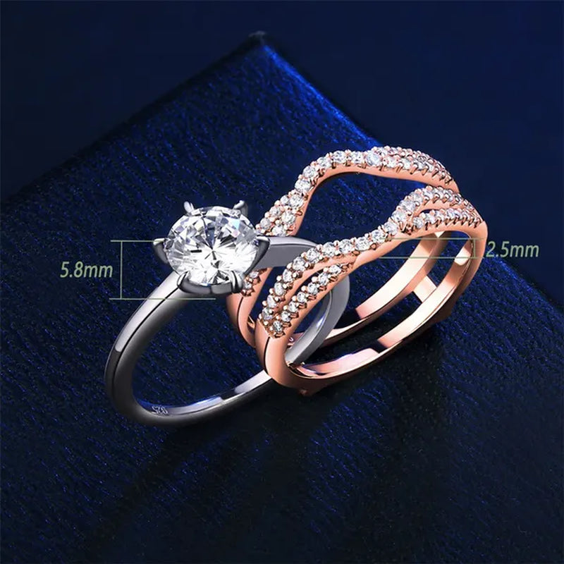 Newshe Two-tone Rose Gold 925 Silver Solitaire Brilliant Round Engagement Rings Set CZ Wedding Band For Women Jewelry Sz 4-13