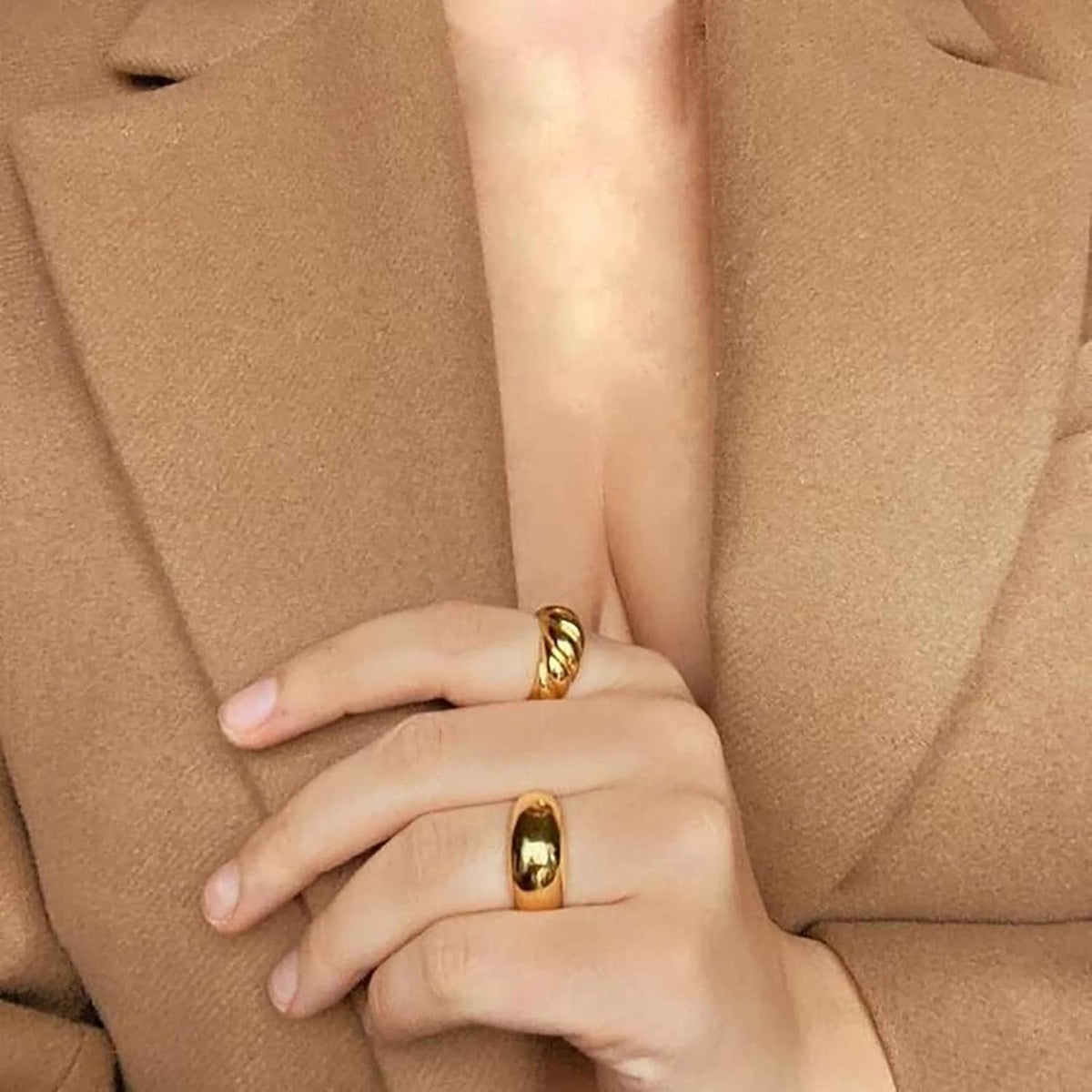 18K Gold Plated Croissant Braided Twisted Signet Chunky Dome Ring Stacking Star Band for Women and Men Statement Wedding Ring Minimalist Jewelry Size 5 to 10