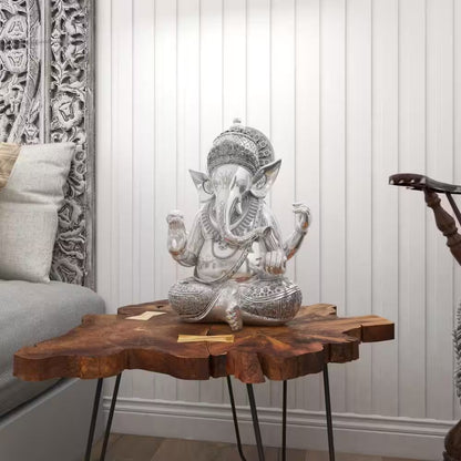 Silver Polystone Meditating Ganesh Sculpture with Engraved Carvings and Relief Detailing