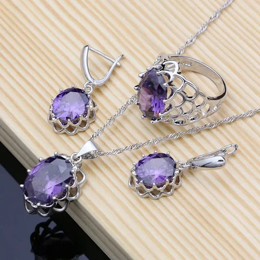 Purple Amethyst White Topaz Crown Silver 925 Jewelry Set for Women Earrings Necklace Set