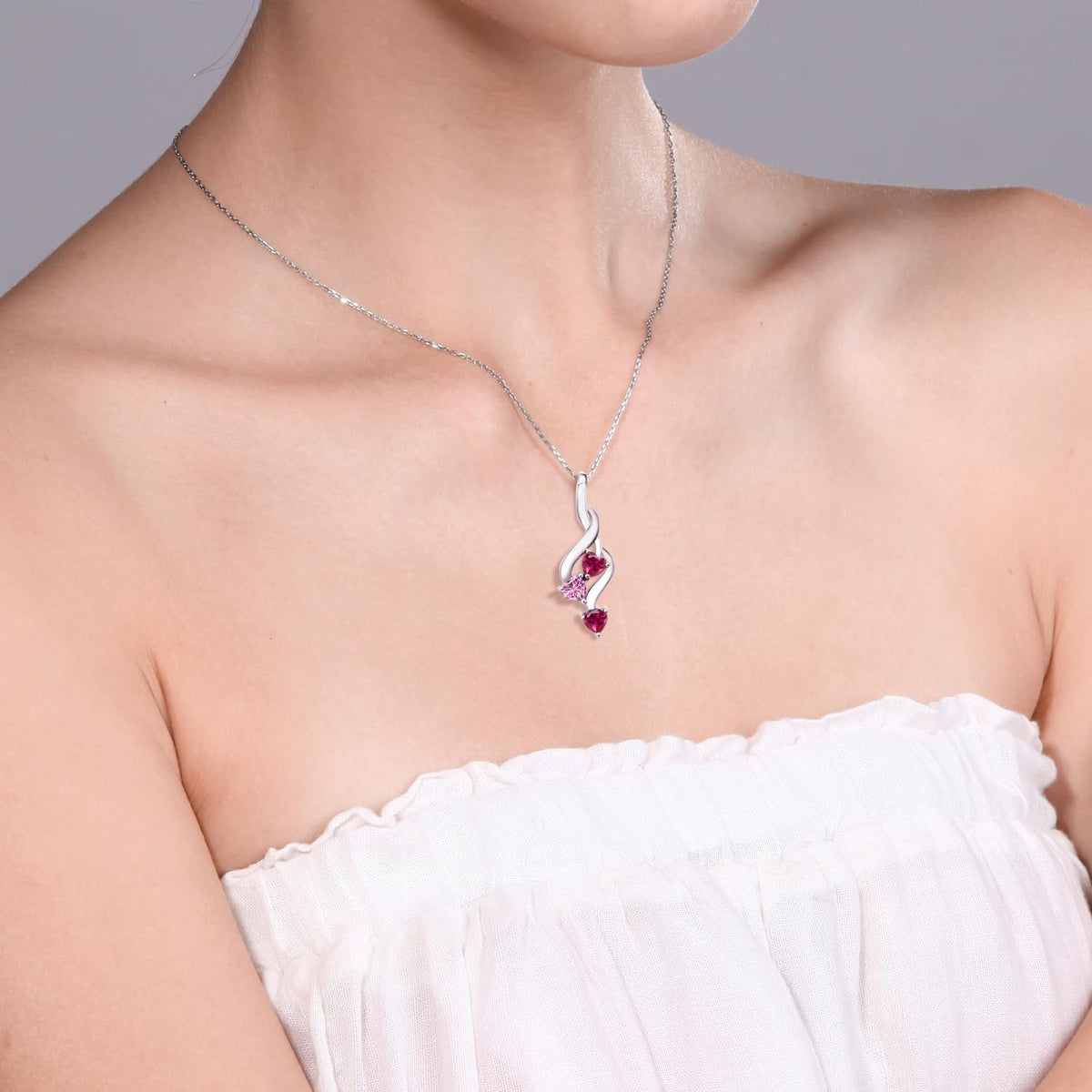 925 Sterling Silver Red Created Ruby and Pink Moissanite Pendant Necklace for Women (0.85 Cttw, Gemstone July Birthstone, Heart Shape 4MM, with 18 Inch Silver Chain)