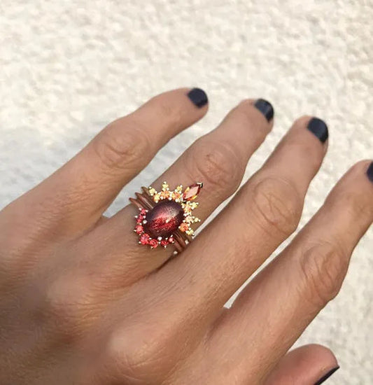 Bohemia Creative Rose Gold Stack with Diamond Gem Three-piece Ring for Women Ruby Crystal Ring Set Jewelry Gifts