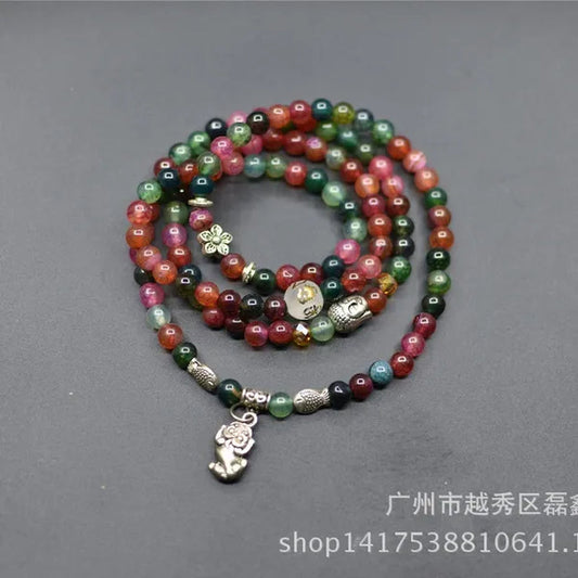 Lucky 6mm Tourmaline Agate 108 BEADS BRACELET HANDMADE Agate Vingage Silver Plated Necklace