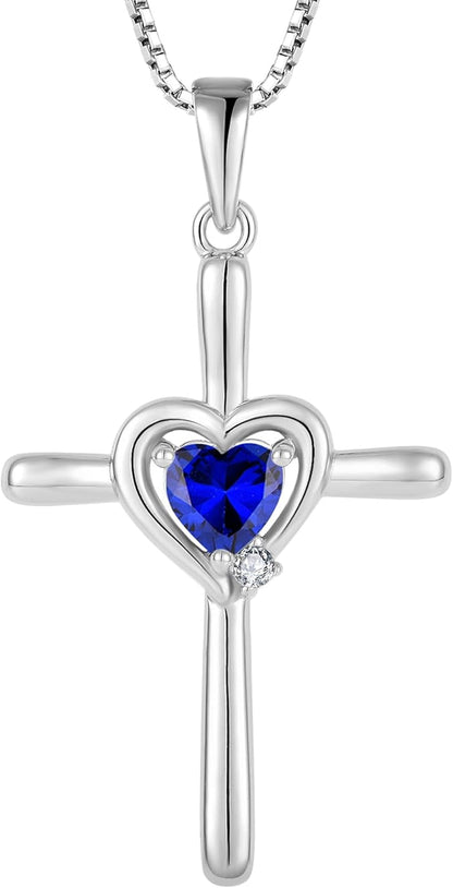 Cross Necklace 925 Sterling Silver Religious Pendant Crucifix Heart Birthstone Jewelry