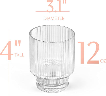 Vintage Art Deco Ribbed Lowball Cocktail Glasses | Set of 4 | 12 Oz Crystal Double Old Fashioned Tumblers for Drinking Classic Whiskey, Gin, Vodka Bar Drinks | round Glassware