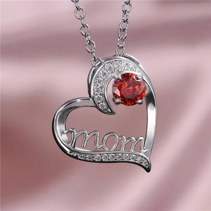 Love Mum Silver Plated Ruby MOM Character Emerald Necklace Jewelry Family Birthday Best Gift for Mother Mummy Party Wedding Band Necklace Christmas Gift