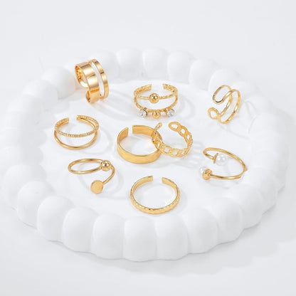 9Pcs Gold Adjustable Rings for Women Stackable Knuckle Ring Set with Pearl Exquisite Simple Fashion Jewelry for Thumb and Knuckles Adjustable Size in Pink Box