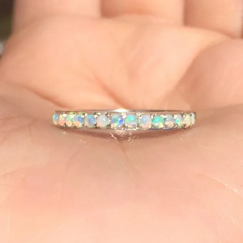 Women's Fashion Exquisite 925 Sterling Silver Natural White Opal Eternity Diamond Ring Elegant Female Birthday Party Jewelry Romantic Princess Proposal Engagement Anniversary Gift Stackable Rings for Women Bride Wedding Band Size 4-12 Bague Femme