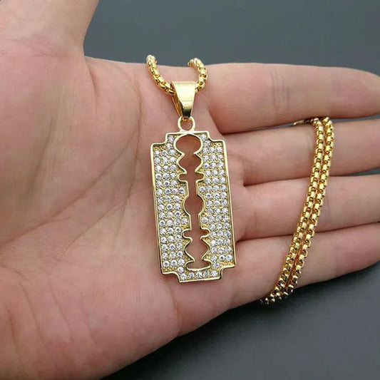 316 Stainless Steel Gold Plated Diamond Blade Pendant Necklace Men's Hip Hop Jewelry