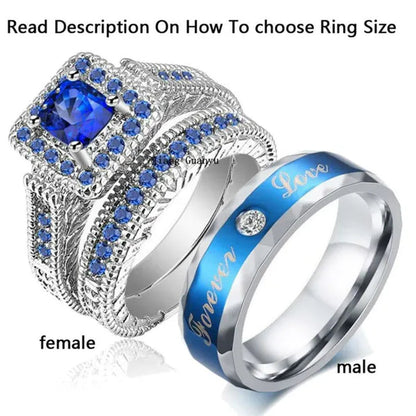 Two Rings Couple Rings Forever Love 316L Stainless Steel Men's Ring 10kt White Gold Filled Princess cut 1ct Sapphire Women's Wedding Ring Sets