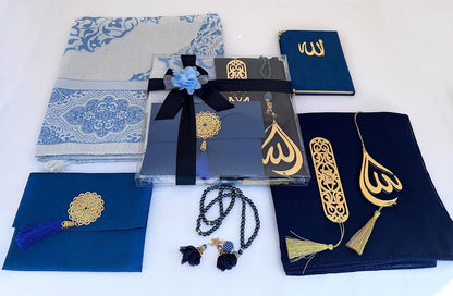 Muslim Prayer Rug, 7 in One Gift Set, Prayer Mat Surah Book, Tasbeeh, Scarf, Surah Case, Bookmark, Car Mirror Hanger, Prayer Beads,Islamic Gift for Umrah, Hajj, Wedding, Janamaz (Blue)