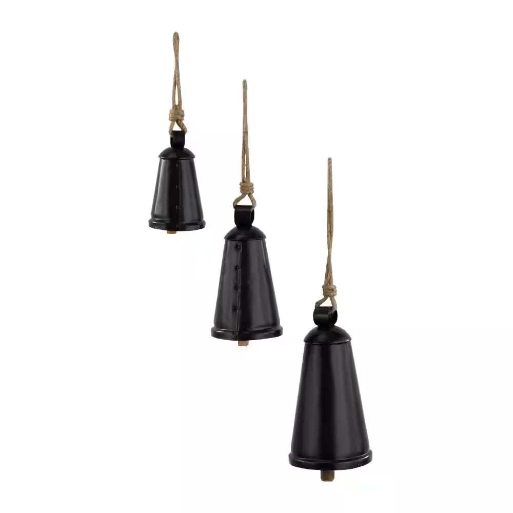 Black Metal Tibetan Inspired Narrow Cone Decorative Cow Bell with Jute Hanging Rope (3- Pack)