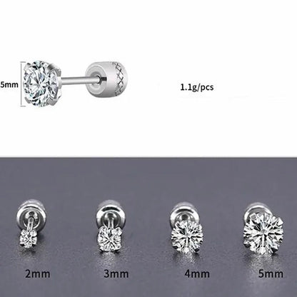 1Pc/1Pairs Silver Plated Cubic Zirconia Stud Earrings for Women Men Stainless Steel Jewelry Size: 2-6Mm