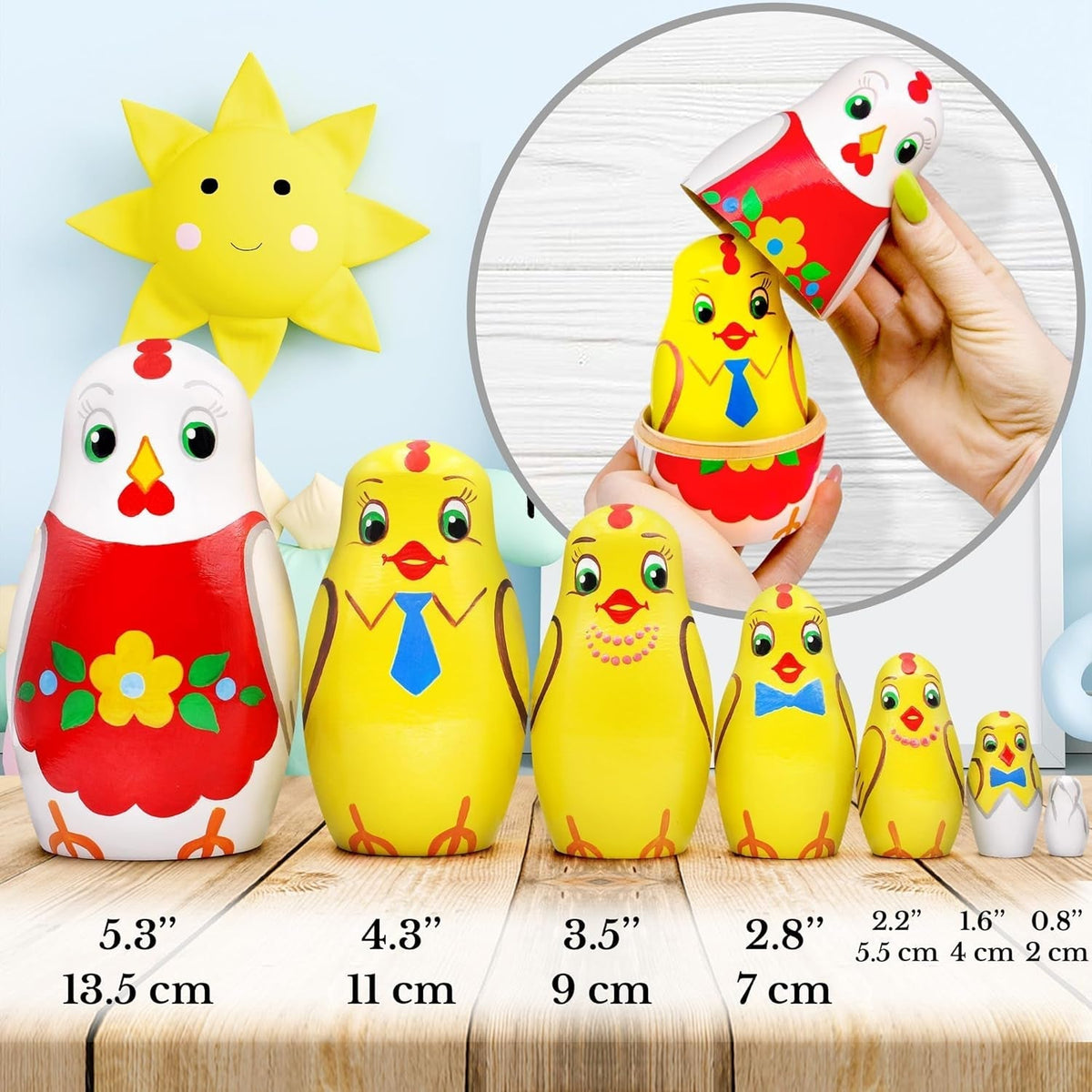 Chicken Nesting Dolls Set of 7 Pcs - Matryoshka Russian Doll - Chicken Decor - Easter Nesting Dolls