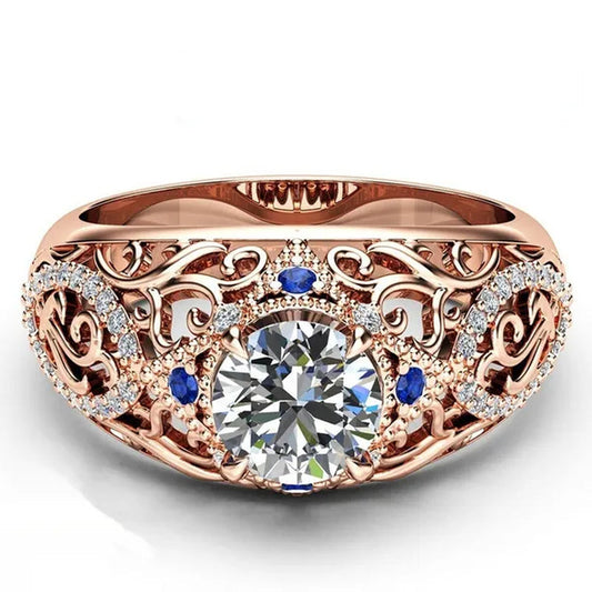 Luxury Vintage European Openwork Engraving Solitaire Band Ring with Hollow Flower Design Brilliant Cubic Zirconia Jewelry Cocktail Party Rings for Women (Size:5-11)