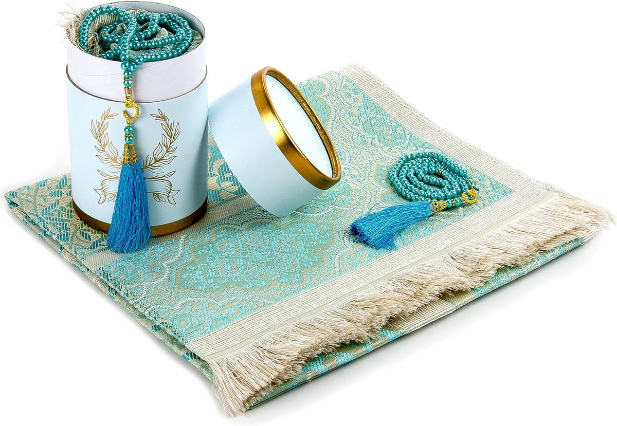 Muslim Prayer Rug and Prayer Beads with Elegant Cylinder Gift Box | Janamaz | Sajadah | Soft Islamic Prayer Rug | Islamic Gifts Set | Prayer Carpet Mat, Taffeta Fabric, Blue