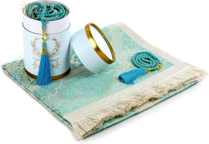 Muslim Prayer Rug and Prayer Beads with Elegant Cylinder Gift Box | Janamaz | Sajadah | Soft Islamic Prayer Rug | Islamic Gifts Set | Prayer Carpet Mat, Taffeta Fabric, Blue