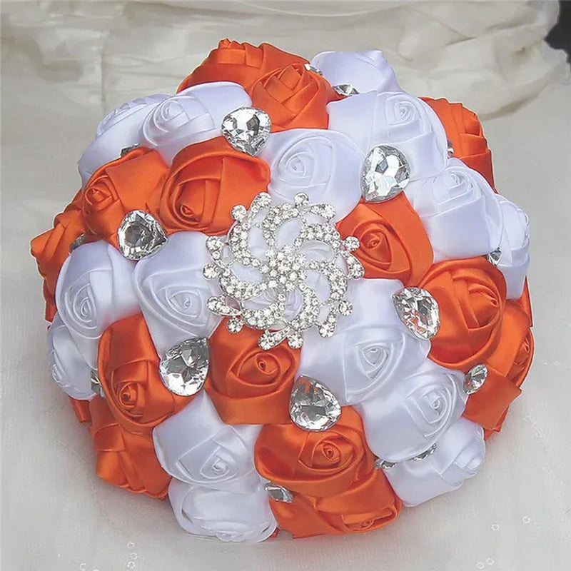 Private Custom Wedding Flower Bride Bouquet 18CM Silk Rose Wedding Bouquet Crystal Brooch Ribbon Bow Bride Bridesmaid Holding Flowers