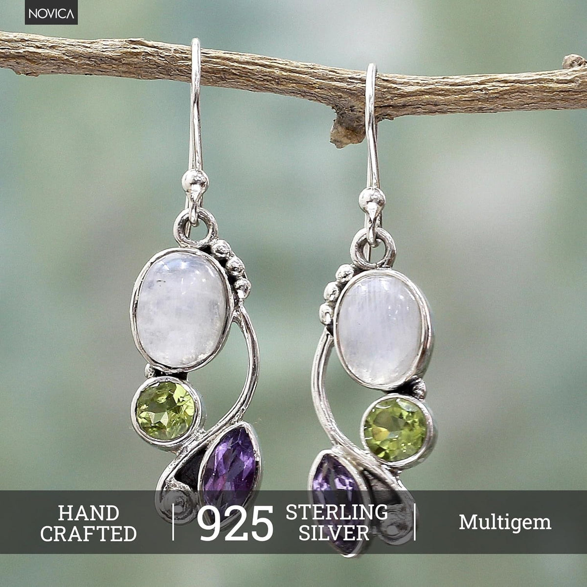 Artisan Handcrafted Multigemstone Dangle Earrings | .925 Sterling Silver Handmade Dangle Earrings | Rainbow Moonstone Clear Green Multicolor Purple Dangle Earring | Natural Glamour Themed
