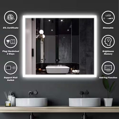 36 In. W X 30 In. H Rectangular Frameless LED Light with 3-Color and Anti-Fog Wall Mounted Bathroom Vanity Mirror
