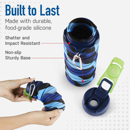 Collapsible Water Bottle - Foldable Water Bottle - Silicone Water Bottle - Travel Water Bottle Collapsible - Lightweight, Portable, Compact - Camping, Hiking, Traveling - Blue Rainbow