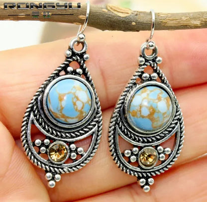 Antique 925 Sterling Silver Natural Turquoise Earrings Vintage Women Engagement Wedding Party Pendant Earrings