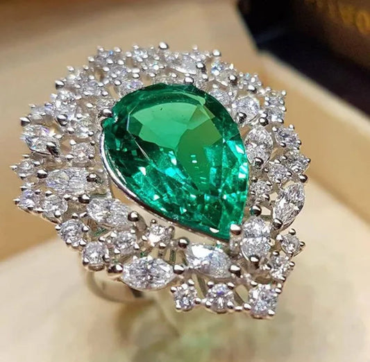 Silver Ring Water Drop Pear Shape Emerald Ring Engagement Ring Statement Crown Ring Natural Gemstones Ring Wedding Bride Engagement Band Charm Party Ring Jewelry