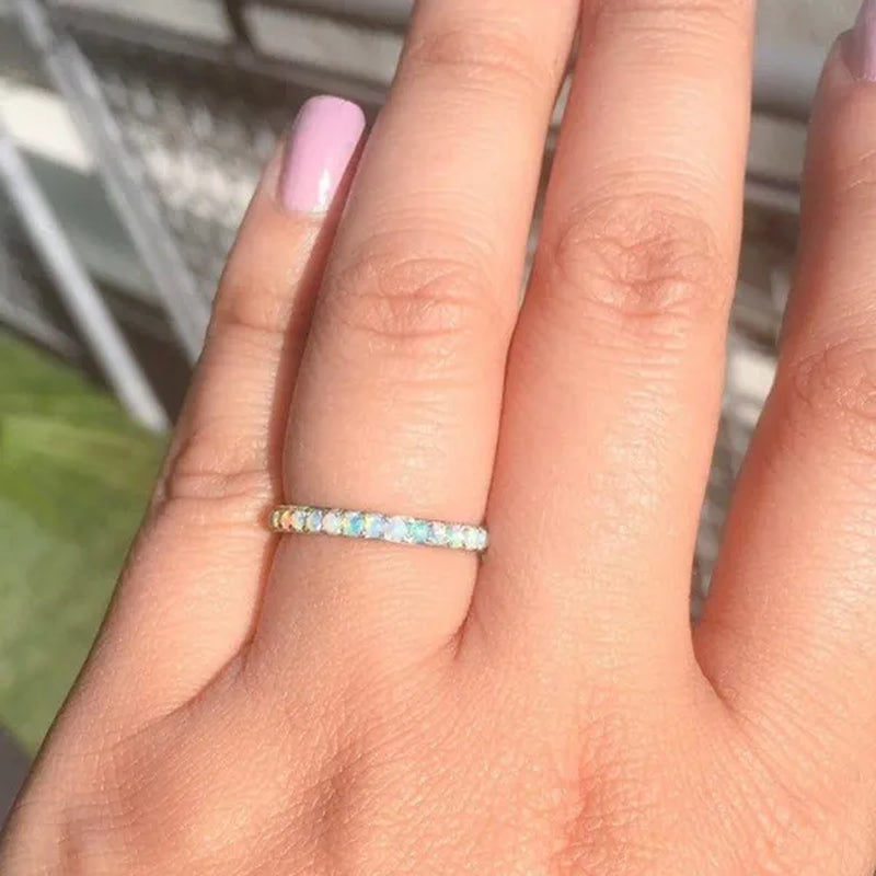 Women's Fashion Exquisite 925 Sterling Silver Natural White Opal Eternity Diamond Ring Elegant Female Birthday Party Jewelry Romantic Princess Proposal Engagement Anniversary Gift Stackable Rings for Women Bride Wedding Band Size 4-12 Bague Femme