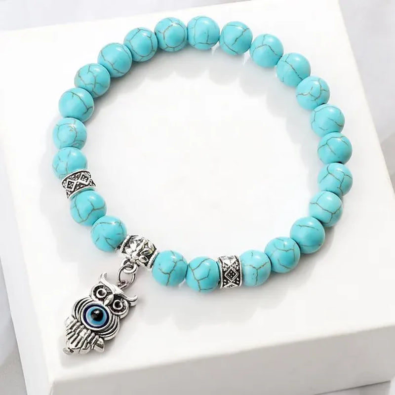 Turkey Evil Eye Beaded Bracelets Butterfly Buddhist Palm Hand Owl Turtle Alloy Pendant Bracelet Women Men Lucky Stretch Bangles Jewelry
