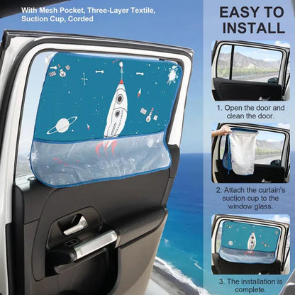 Car Sun Shade Cover Cartoon Side Window Curtain Sunshade Visor Heat Shield UV Protector For Kid Baby Children W/ Storage Net