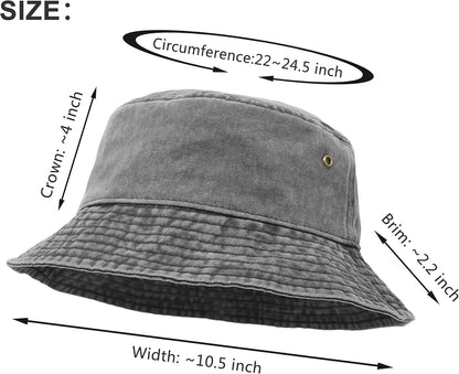 Bucket Hat, Wide Brim Washed Denim Cotton Outdoor Sun Hat Flat Top Cap for Fishing Hiking Beach Sports