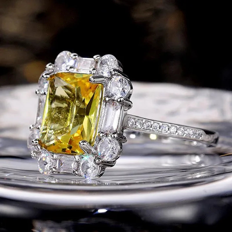 S925 Silver-plated Citrine Rhinestone Crown Ring Female Women Palace Bling Crystal Wedding Ring Jewelry