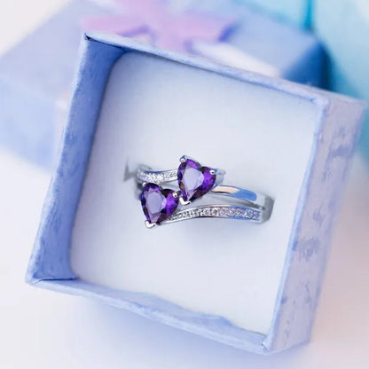 Fashion Elegance Silver Color Double Heart-Shaped Zircon Birthstone Bridal Princess Wedding Engagement Party Ring Size 5-11