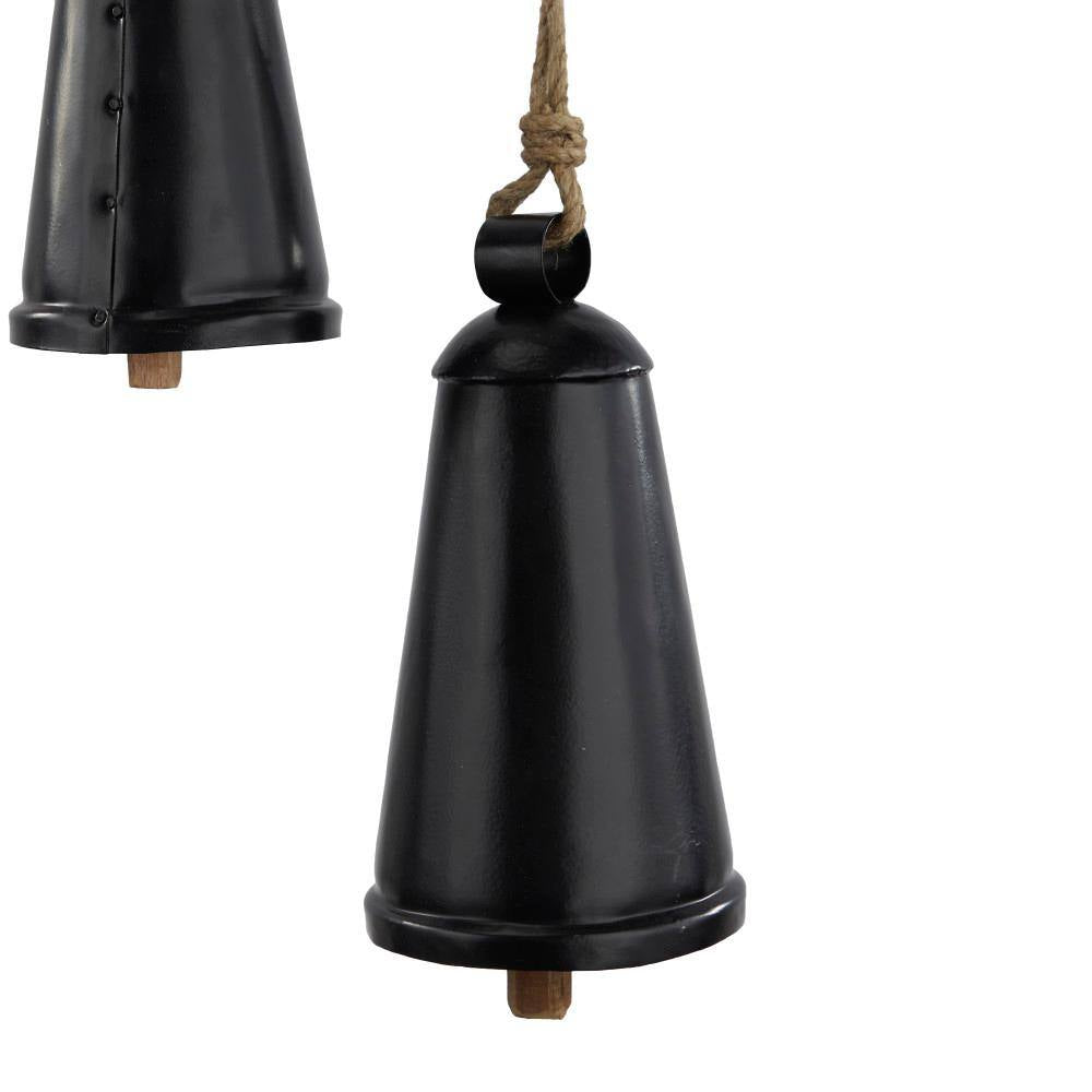 Black Metal Tibetan Inspired Narrow Cone Decorative Cow Bell with Jute Hanging Rope (3- Pack)