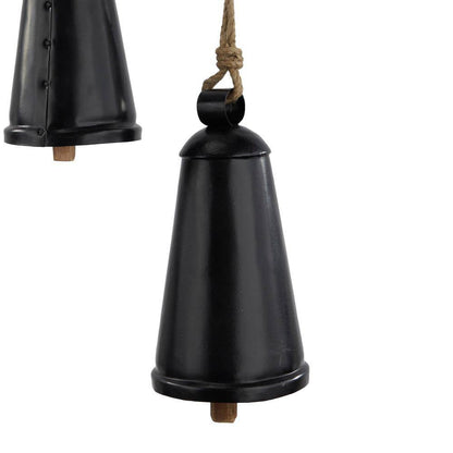 Black Metal Tibetan Inspired Narrow Cone Decorative Cow Bell with Jute Hanging Rope (3- Pack)