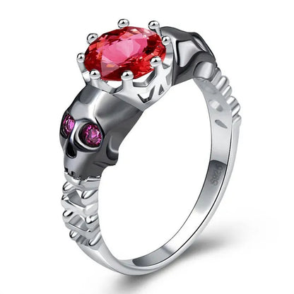 Punk Rose Red CZ Black Skull Head 925 Sterling Silver Ring for Women Girl Size 5-10