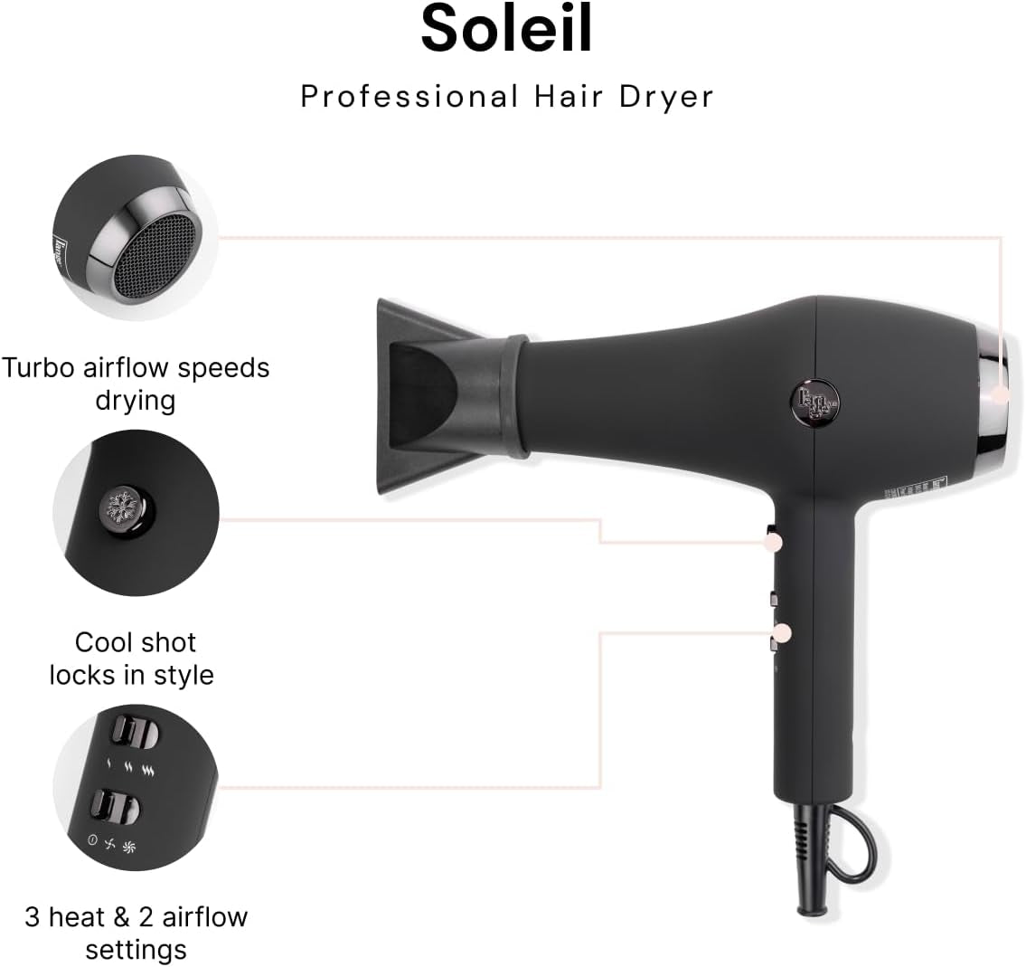 Soleil Professional Hair Dryer | 3 Heat Settings & 2 Airflow Settings | Cool Shot Locks-In Style | Professional Length Cord | Best Lightweight Hair for Smooth Blowouts (Black)