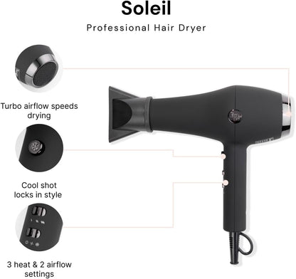 Soleil Professional Hair Dryer | 3 Heat Settings & 2 Airflow Settings | Cool Shot Locks-In Style | Professional Length Cord | Best Lightweight Hair for Smooth Blowouts (Black)