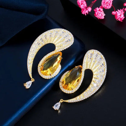 CANDICE Gorgeous 18K Gold Plated Inlay Pear Cut Citrine Stone Big Geometric Stud Earrings Jewelry for Female Dress Accessories