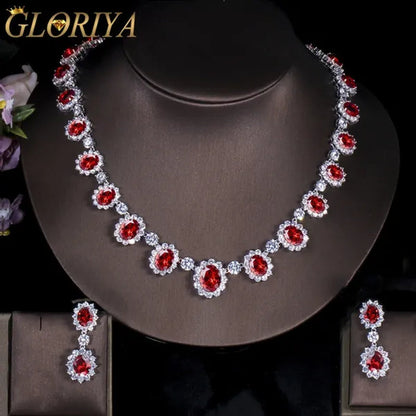 Gloriya Elegant Red Zirconia And White CZ Paved Setting Flower Pendant Earrings Necklace Jewelry Sets for Bridal Wedding Accessories